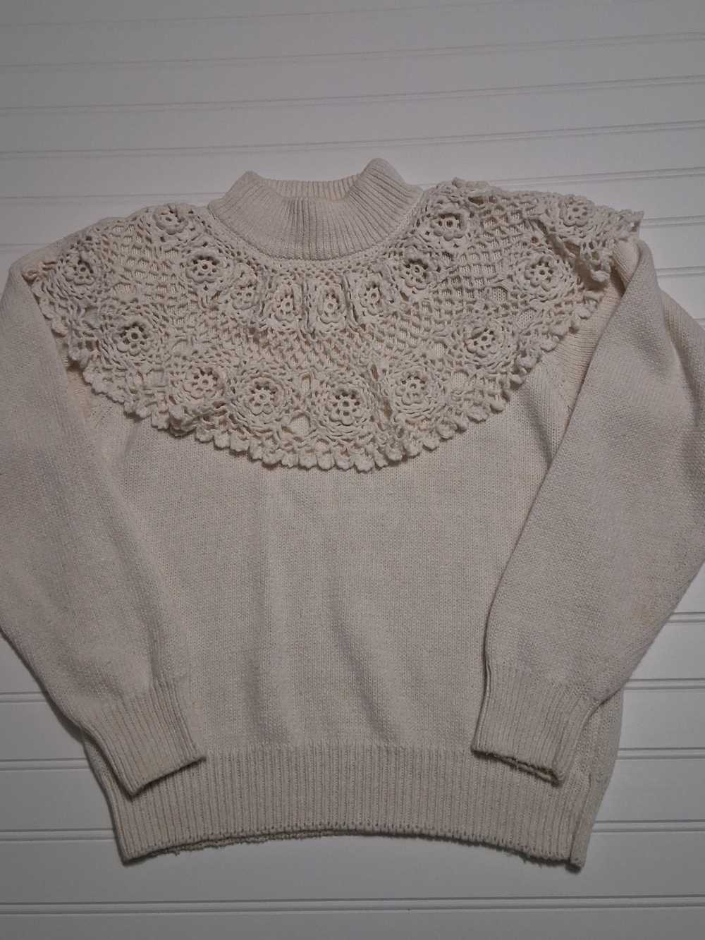 VTG Work In Progress Gladys Bagley M Cotton Ramie Floral Crochet Ivory Sweater